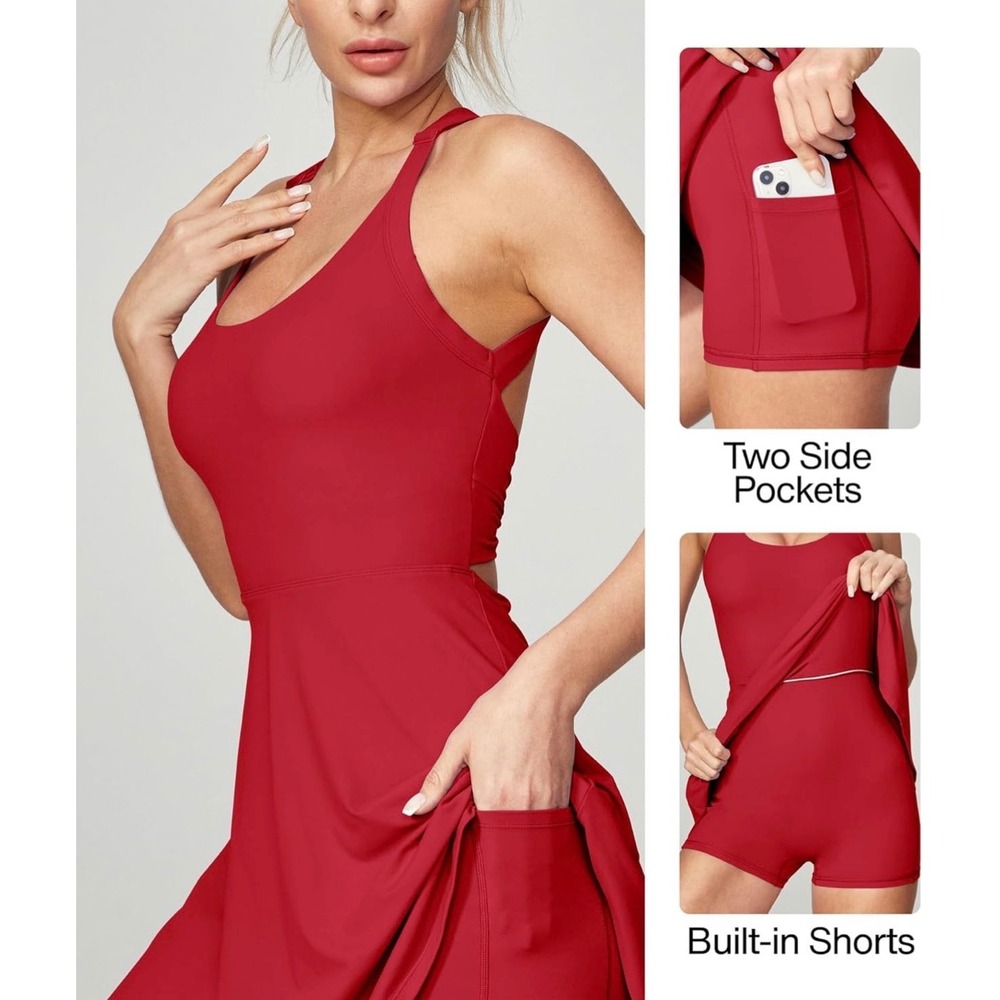 Backless Twisted Flare Halter Neck Exercise Dress with Built-in Shorts Red Small - Picture 15 of 16